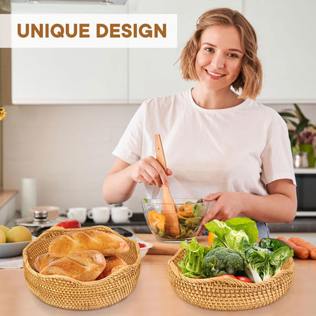 3 Pack Natural Rattan Round Fruit Basket Bowls,Rattan Bread Basket,Woven Serving Basket Bowls,Organizing Handmade Rattan Storage Baskets for Kitchen, Home, set of 3 Size JINSHIYANG
