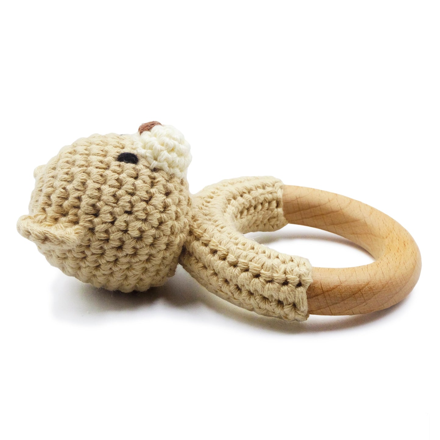 Joliecraft Safari Animals Wooden Baby Rattle Toys Stuffed Crochet Rattle with Teether Ring for Newborn, Beige Bear