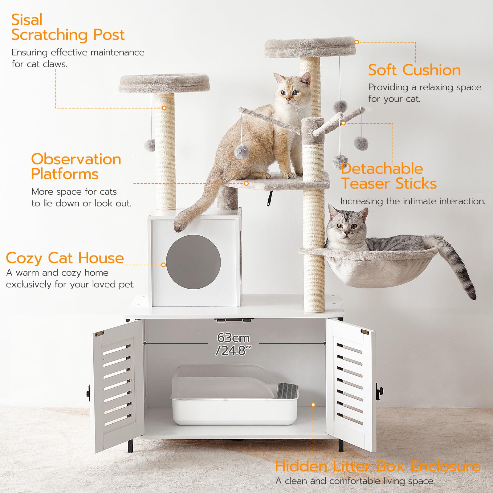 HOOBRO Cat Tree with Scratching Posts, Cat Tower Litter Box Enclosure Furniture for Indoor Cats, All-in-One Wooden Cat House Condo with Cat Hammock, Detachable Teaser Sticks, White BW14MZ03 - WoodArtSupply