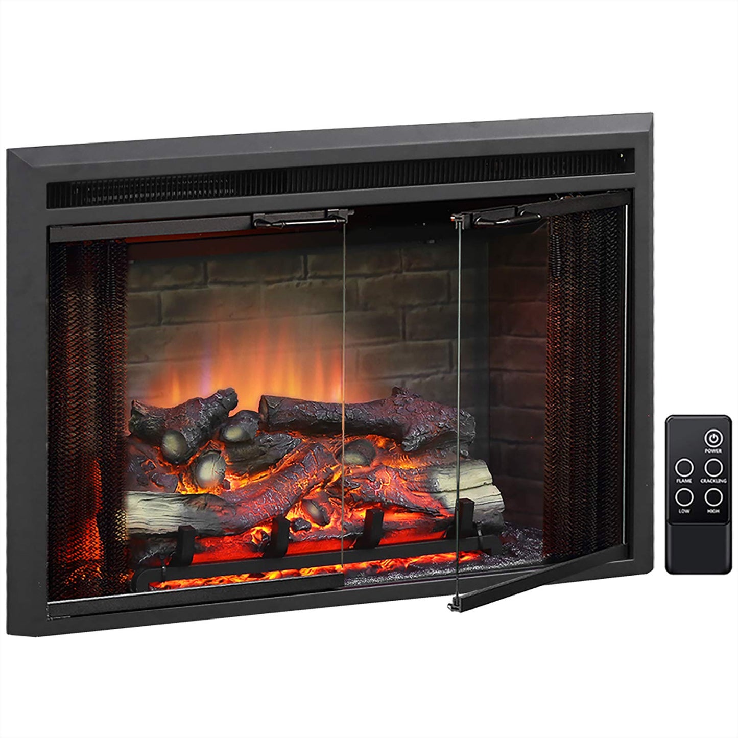 PuraFlame Klaus Electric Fireplace Insert with Fire Crackling Sound Glass Door and Mesh Screen, 750/1500W, Black, 33 1/16 Inches Wide, 21 Inches High, 33 1/16 W X 21 H X 7 51/64 D