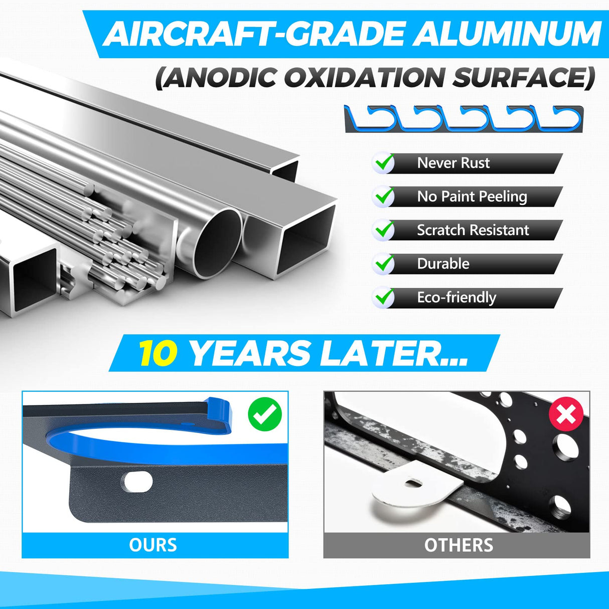 PLUSINNO H5 Horizontal Fishing Rod/Pole Holders for Garage, Wall or Ceiling Mounted Fishing Rod Rack, Aviation Aluminum Fishing Pole Holder Holds up to 10 Rod or Combos or Nets Storage Racks PLUSINNO