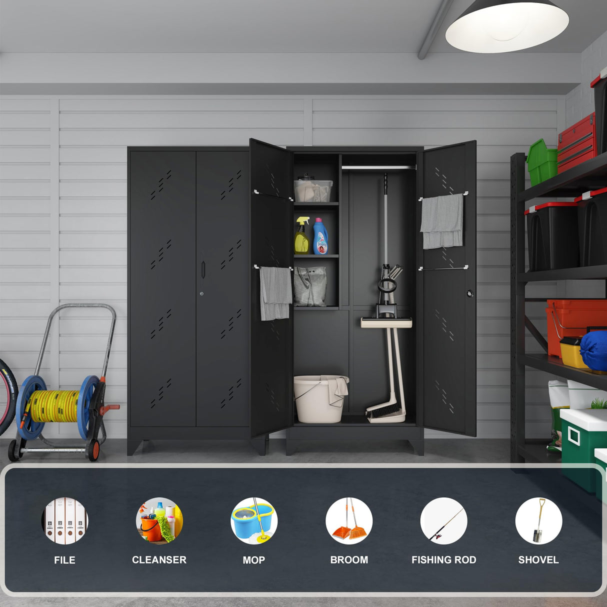 75" Taller Metal Garage Storage Cabinet,Tool Chest, Large Offiice Storage Cabinet wiith Lock Doors, Stainless Steel Bottom Plate with Holes,Utility Room Organization(H75* D16.53*L33.85)(BLACK) ZONLESON