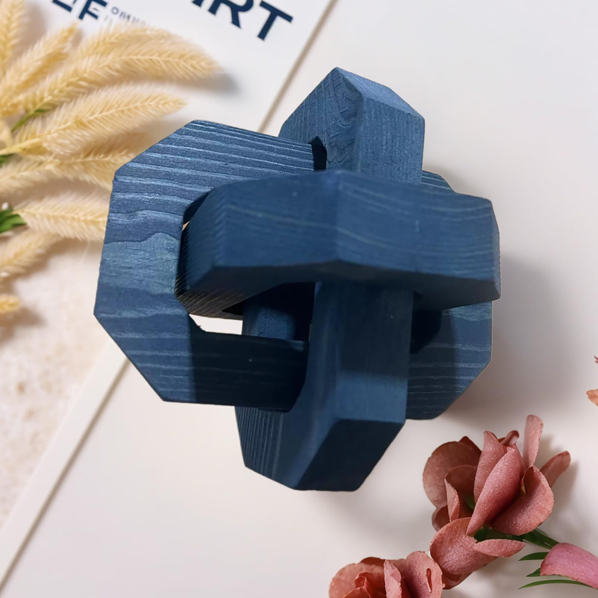 GUDAGUU Coffee Table Decor -3 Link Wood Knot Decor Farmhouse Wood Chain Link Decor Shelf Decor Table Books Hand Carved Artistic Home Decoration for Modern Boho Shabby Homestay (Navy Blue) GUDAGUU