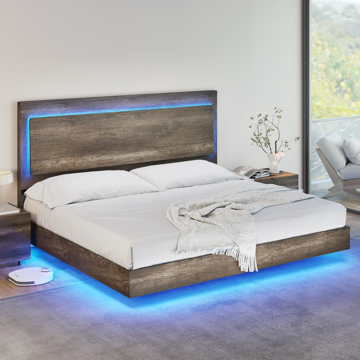 AMERLIFE Floating King Bed Frame with Recline Headboard and LED Lighting in Washed Gray AMERLIFE