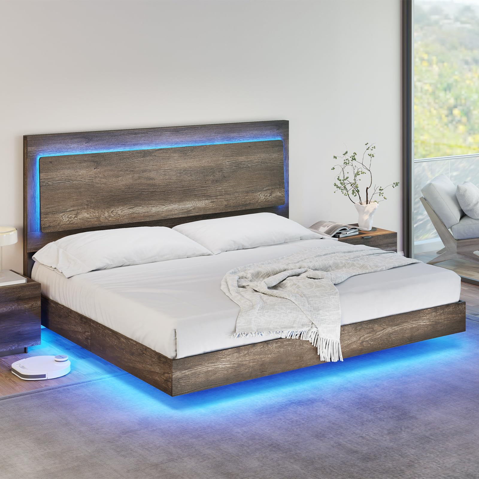 AMERLIFE Floating King Bed Frame with Recline Headboard and LED Lighting in Washed Gray - WoodArtSupply