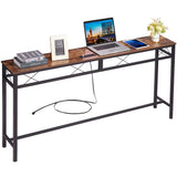VECELO 55In Extra Long Narrow Sofa/Console Table with Charging Station & Power Outlet and USB Ports, for Entryway, Living Room, Office, Industrial, Brown VECELO