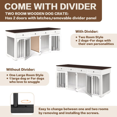 86.6" Large Dog Crate Furniture for 2 Dogs,XXXL Wooden Furniture Style Double Dog Crates Kennel Cage TV Stand End Table with 4 Drawers Divider Locks,White Pitmoto