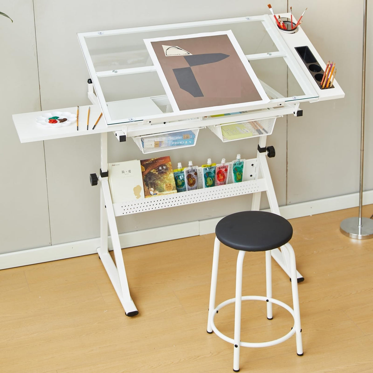 Gaderth Drafting Table w/Stool, Height Adjustable Drawing Table, Multifunctional Art Craft Paintings Work Station w/2 Storage Drawers Artists Desk Tilting Glass Tabletop for Home Office, White Gaderth