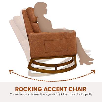 Yaheetech Leather Living Room Chair, Rocking Accent Chair, Modern Nursery Glider Chair with High Back and Side Pocket, Accent Rocker Armchair with Wood Legs for Living Room Bedroom Study, Brown