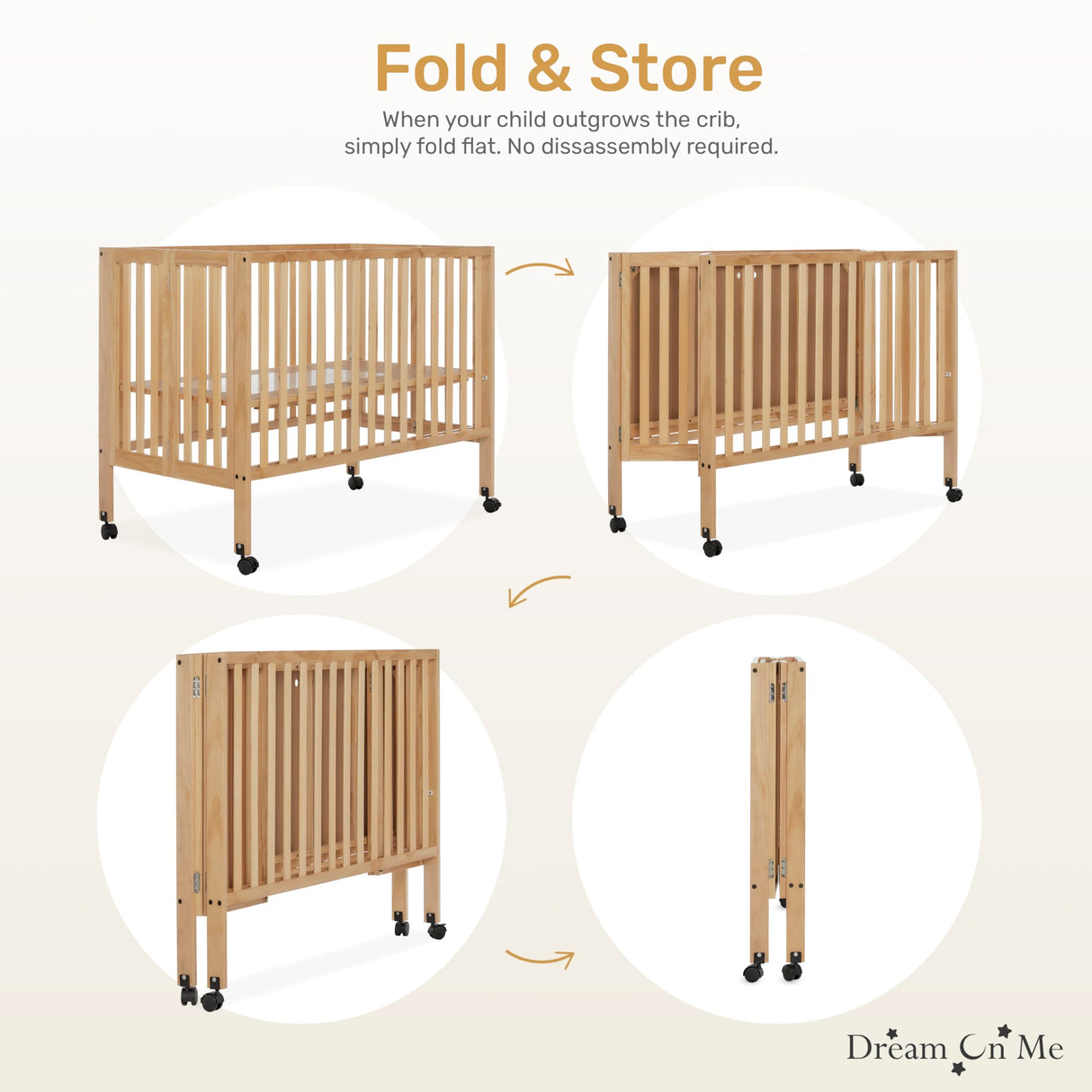 Dream On Me Quinn Full-Size Folding Crib in Natural, Removeable Wheels, Modern Nursey, Adjustable Mattress Support, Portable Crib, Patented Folding System Dream On Me