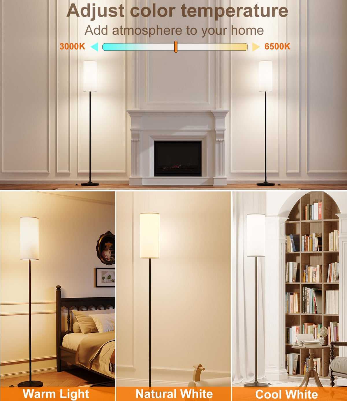 luckystyle LED Floor Lamp for Living Room, Dimmable Standing Lamps with Foot Switch,Remote Custom Color Temperature Black Pole Lamp with Lampshade,12W Led Bulb Tall Lamps for Bedroom Office Kid Room luckystyle