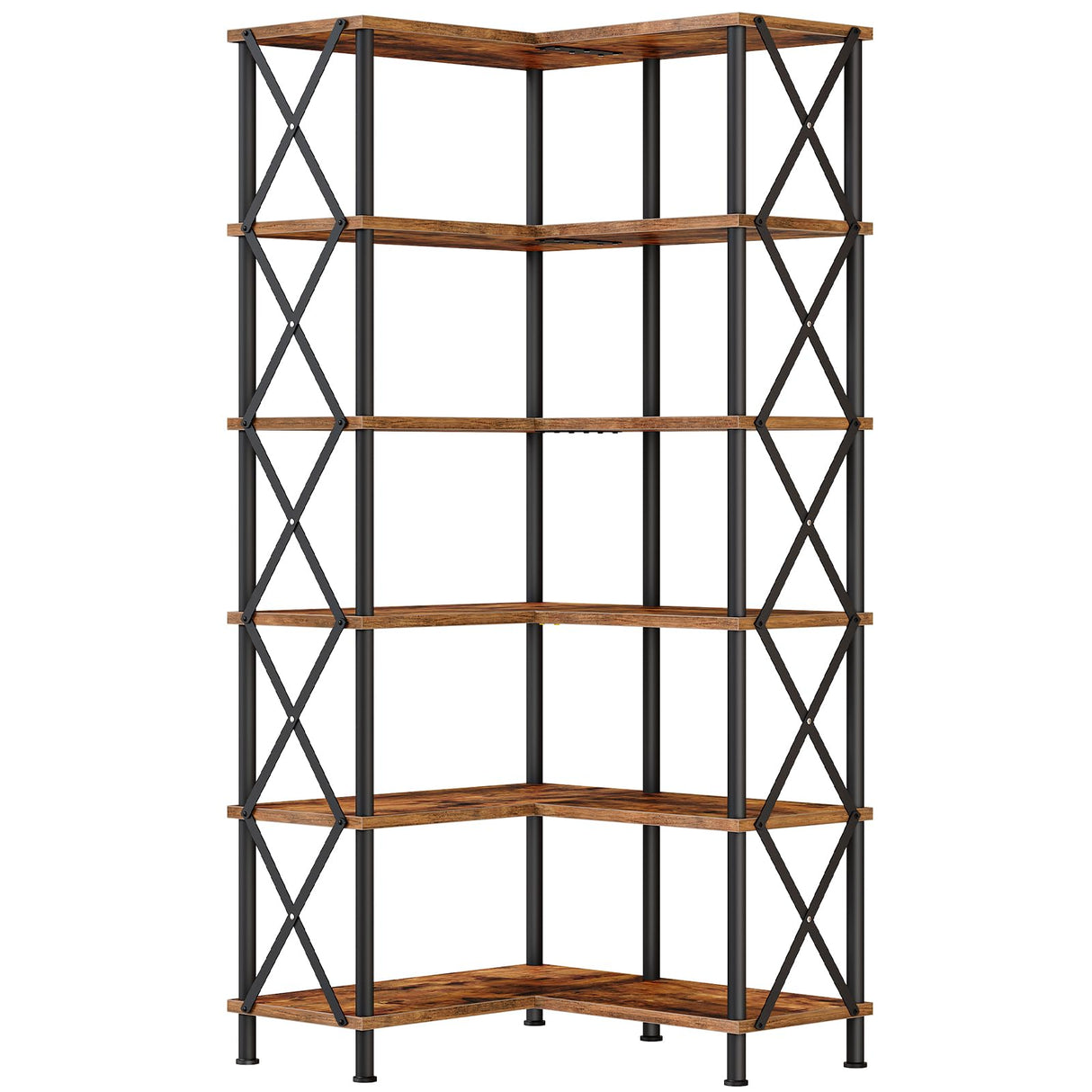 HOOBRO Corner Bookshelf, 6-Tier L-Shaped Bookcase, Industrial Open Display Shelf Tall Storage Organizer, Vertical Storage Rack, for Living Room, Home Office, Rustic Brown and Black BF61SJ01 HOOBRO