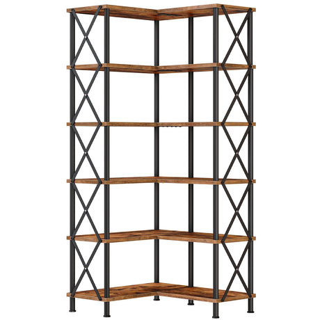 HOOBRO Corner Bookshelf, 6-Tier L-Shaped Bookcase, Industrial Open Display Shelf Tall Storage Organizer, Vertical Storage Rack, for Living Room, Home Office, Rustic Brown and Black BF61SJ01 HOOBRO