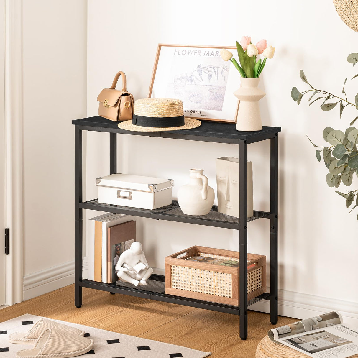 HOOBRO 29.5" Narrow Console Table, 3-Tier Entryway Table, Thin Sofa Table with Shelves, Side Table, Display Table, for Hallway, Entrance, Living Room, Bedroom, Black BB73XG01 HOOBRO