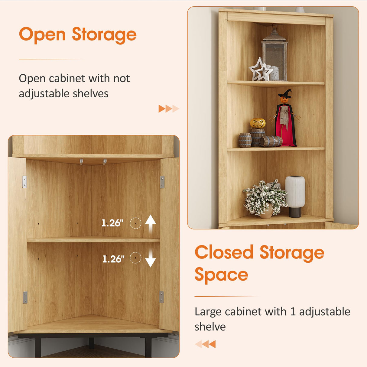 Maupvit 69" Tall Corner Cabinet, Small Slim Corner Bathroom Wall Cabinet, Boho Kitchen Pantry Storage Fluted Cabinet with Door & Adjustable Shelves, for Laundry Room, Living Room Maupvit