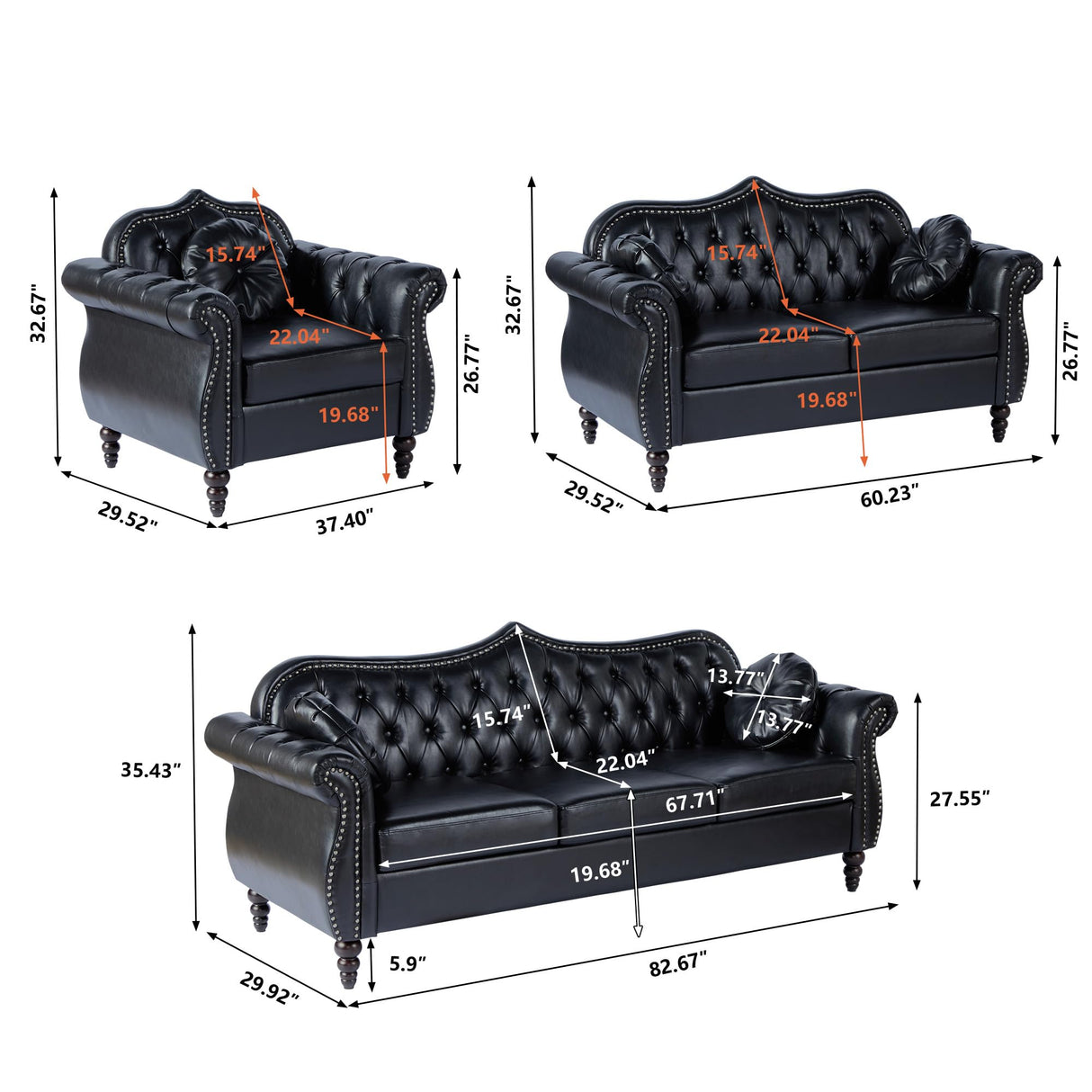 AVZEAR 60" Loveseat Sofa, Chesterfield Sofa, Mid-Century Modern PU Upholstered 2 Seater Sofa, Deep Button Tufted Living Room Sofa with Two Throw Pillows, Black AVZEAR