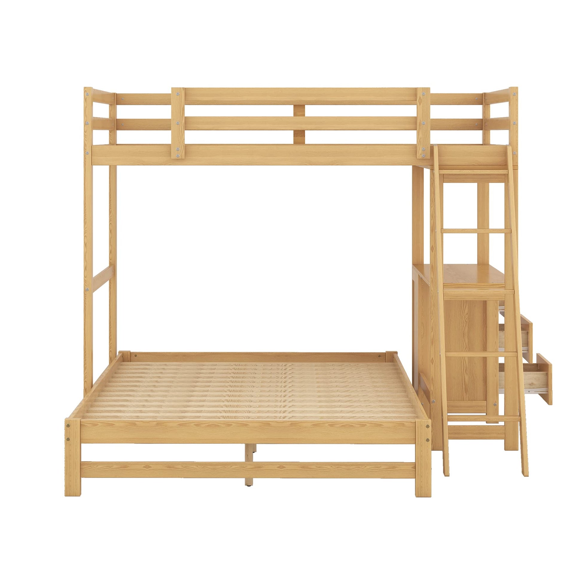 BIADNBZ Twin Over Full L-Shaped Bunk Bed with Integrated Desk and Storage Drawers, Solid Wood Construction in Natural Finish - WoodArtSupply