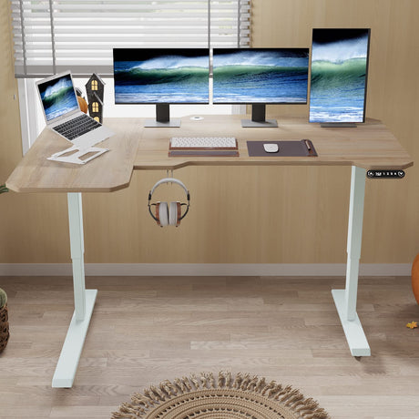 BUNOEM L-Shaped 59" Height Adjustable Electric Standing Desk,Height Stand Up Computer Desk,Sit and Stand Home Office Desk with Splice Board (Oak Top, White Frame) BUNOEM