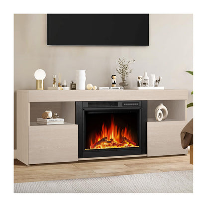 Xbeauty 60" Fireplace Tv Stand Mantel Wood Surround Firebox Freestanding Corner Fireplace Heater Infrared Quartz Heater Adjustable Led Flame, Remote Control,Lightoak