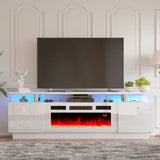 AMERLIFE Fireplace TV Stand with 36" White Fireplace, 70" Modern High Gloss Fireplace Entertainment Center LED Lights, 2 Tier TV Console Cabinet for TVs Up to 80", White & White AMERLIFE