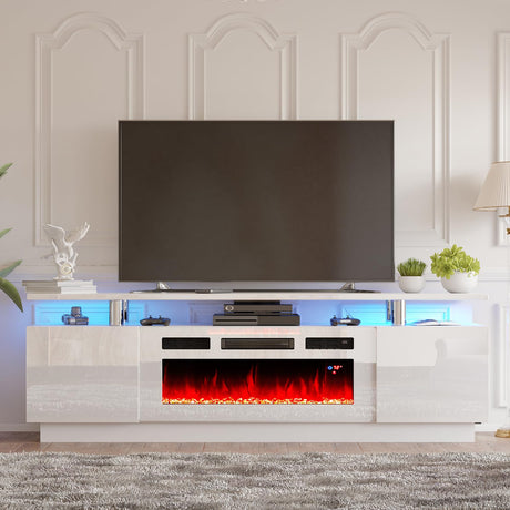AMERLIFE Fireplace TV Stand with 36" White Fireplace, 70" Modern High Gloss Fireplace Entertainment Center LED Lights, 2 Tier TV Console Cabinet for TVs Up to 80", White & White AMERLIFE