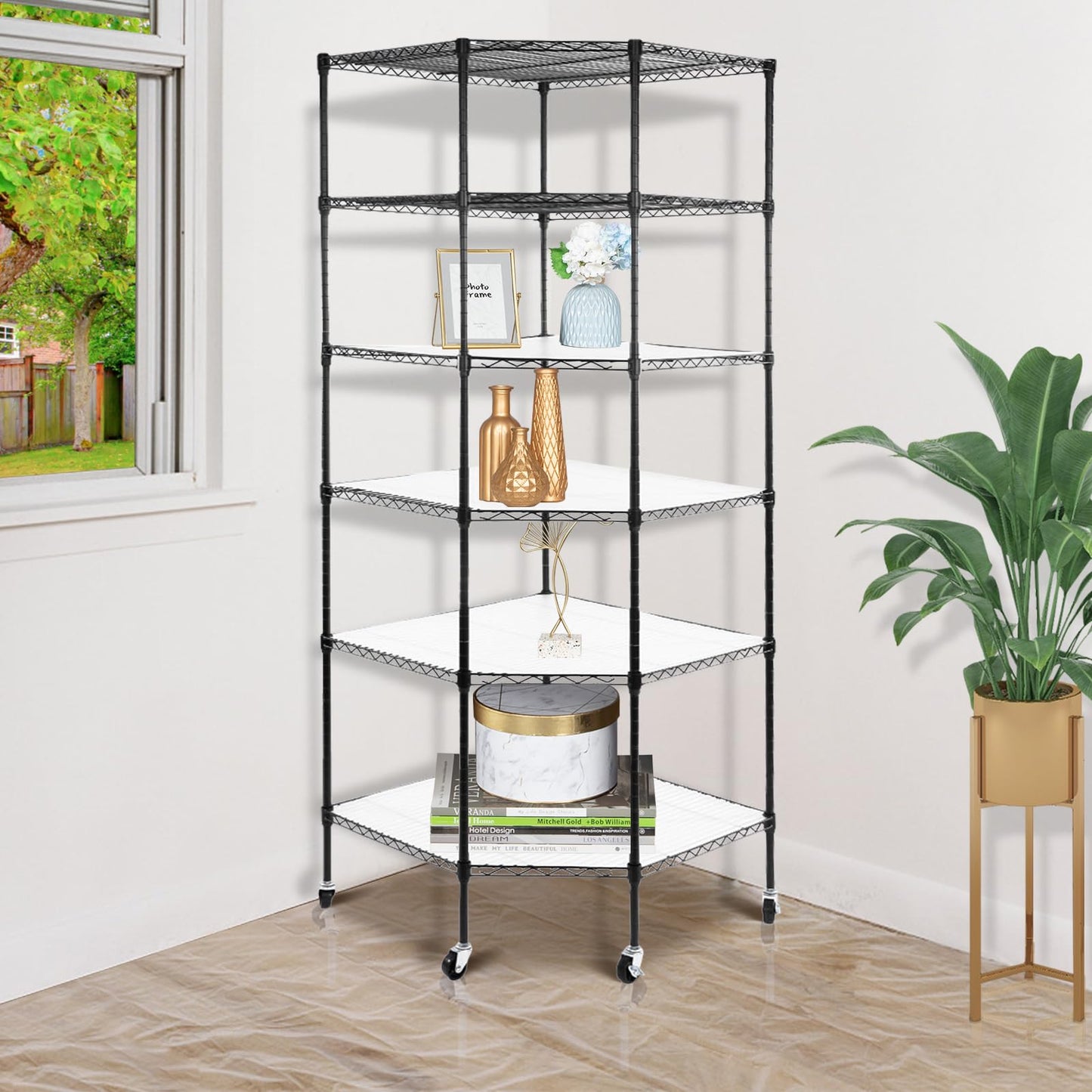 Bonnlo 6-Tier Rolling Heavy Duty Commercial Polygonal Corner Shelf Wire Shelving Unit Adjustable Storage Rack Free Standing Garage with 5 Wheels 26 4/5" L x 26 4/5" W x 71" H Inches (Black)