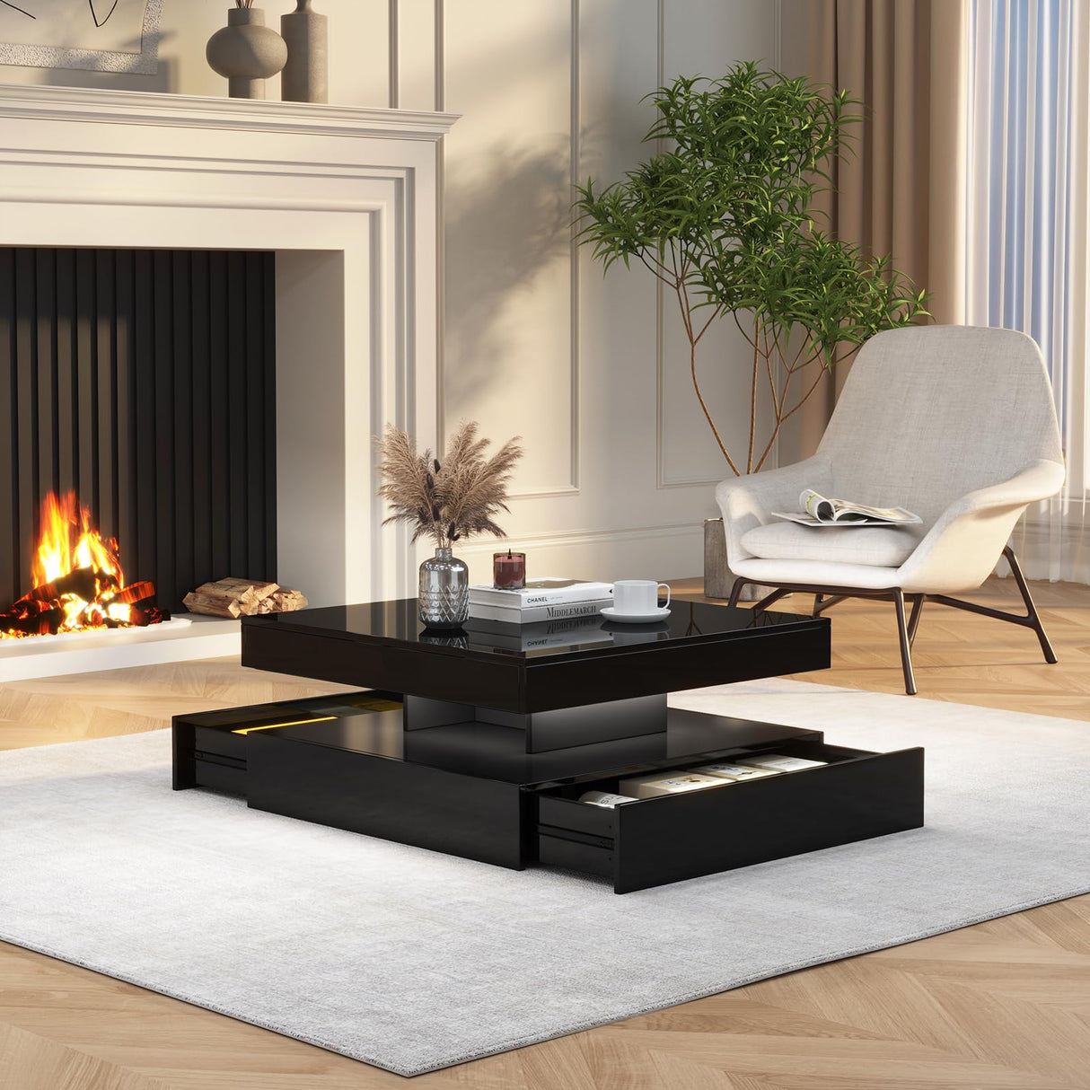 FKWin LED Coffee Table for Living Room with Storage - High Glossy Modern White Center Table with 2 Drawers, Square Wooden Middle Table with 16-Color Lights 31"" x 31"" x 14.6"" (Black) FKWin