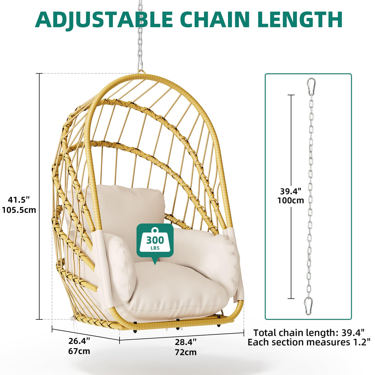 YITAHOME Hanging Egg Chair Without Stand, Rattan Wicker Swing Egg Chair with Resistant Cushion, 300lbs Capacity, Foldable Hanging Basket Chair for Porch, Garden, Bedroom, Balcony - Beige YITAHOME