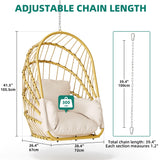 YITAHOME Hanging Egg Chair Without Stand, Rattan Wicker Swing Egg Chair with Resistant Cushion, 300lbs Capacity, Foldable Hanging Basket Chair for Porch, Garden, Bedroom, Balcony - Beige YITAHOME