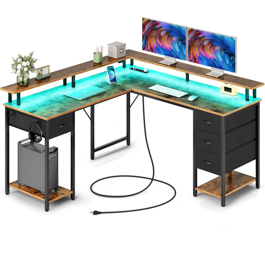 Seventable L Shaped Gaming Desk with 4 Drawers, Computer Desk with LED Lights & Power Outlets, Home Office Desk with Shelves & Monitor Stand for Living Room, Rustic Brown - WoodArtSupply