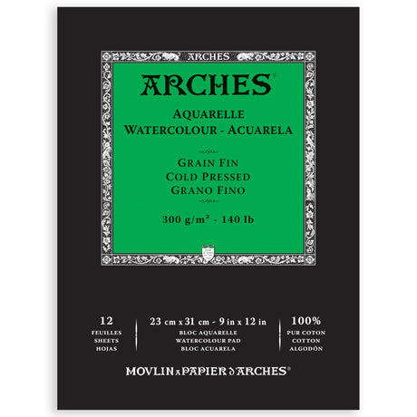 Arches Watercolor Pad, Cold Press, 9x12 inches, 12 Sheets - Professional Art Paper for Watercolor Gouache Ink Acrylic Canson