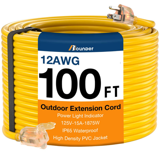 BBOUNDER Outdoor Extension Cord 100 FT Waterproof, 12/3 SJTW Heavy Duty 15A 1875W, Flexible 100% Copper 3 Prong Cords for Commercial Use and High Power Appliance, Yellow - WoodArtSupply