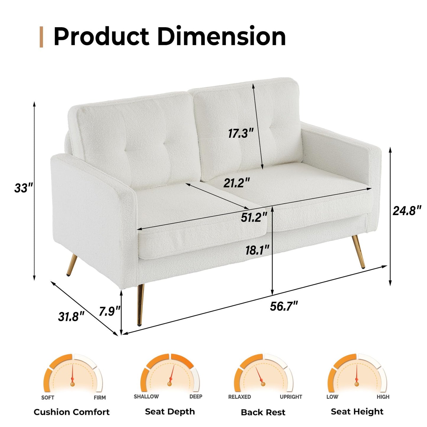 VINGLI 56" Modern White Loveseat,Small Sofa Couch with Deep Seat for Living Room,Faux Sherpa 2-Seater Sofa for Bedroom,Apartment,Office,Dorm,Small Space