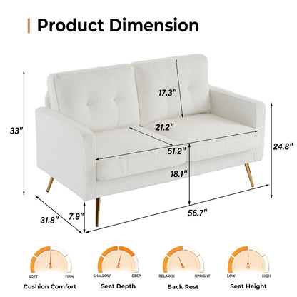 VINGLI 56" Modern White Loveseat,Small Sofa Couch with Deep Seat for Living Room,Faux Sherpa 2-Seater Sofa for Bedroom,Apartment,Office,Dorm,Small Space