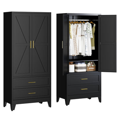 FIRMET Metal Wardrobe Closet Cabinet with Drawers,71" H Large Bedroom Armoires with Shelves and Hanging Rod,Wardrobe Storage Cabinet with 2 Doors, 1 Adjustable Shelf and 2 Drawers