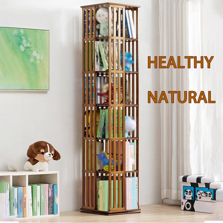 GAMAK 6-Tier Rotating Bamboo Bookshelf Tower for Small Spaces - Stylish Corner Bookcase GAMAK