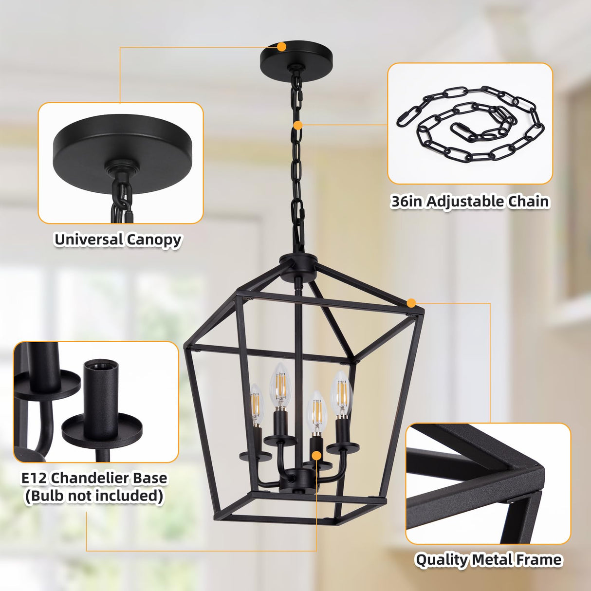 4 Light Chandelier, Industrial Ceiling Light Black Lantern Light Fixtures with Farmhouse Metal Cage Adjustable Height Rustic Geometric Hanging Light E12 Base for Kitchen Island, Entryway, Indoor Seaside village