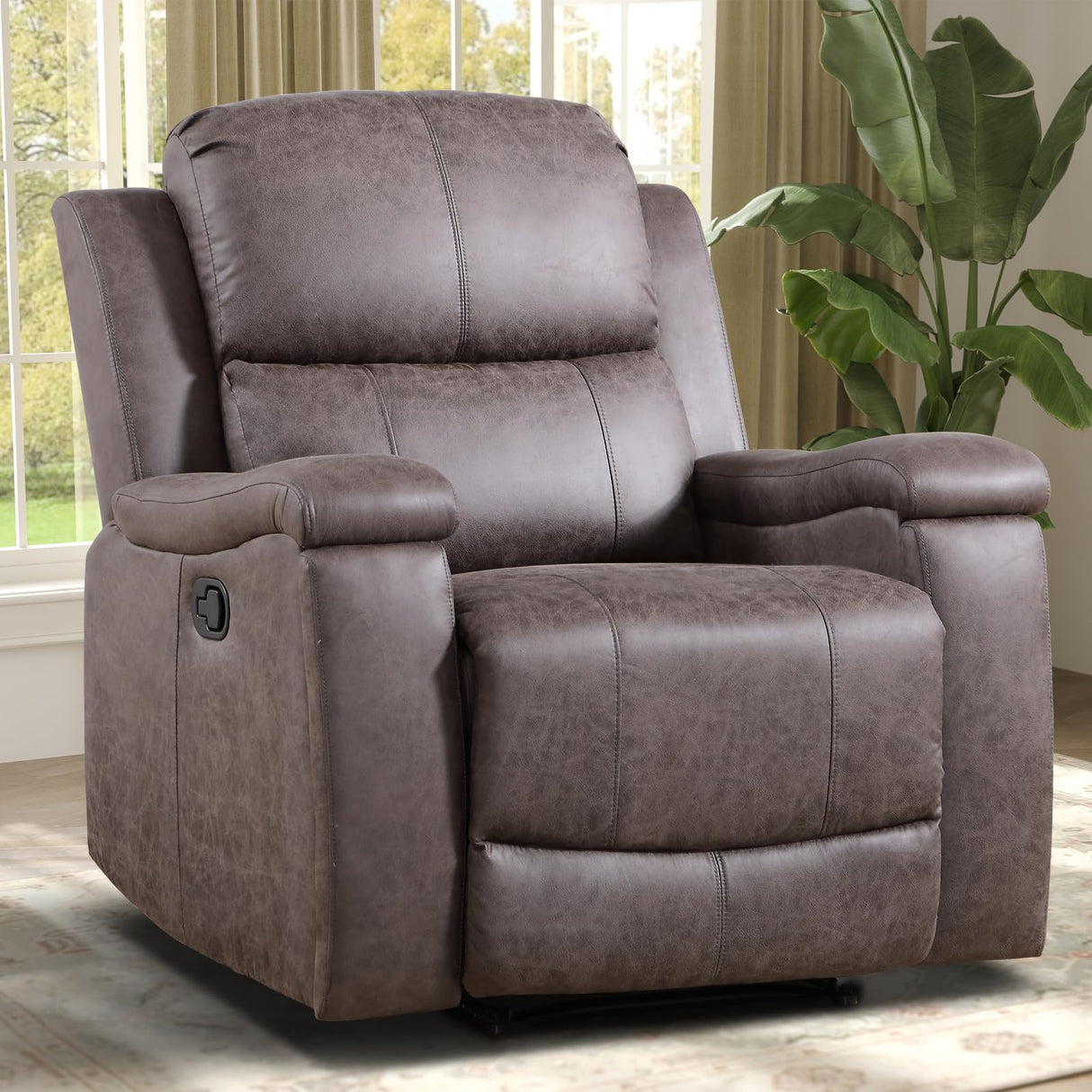 IOMOR Leather Recliner Chair, Manual Recliner Chair for Adults with Overstuffed Arms and Back, Single Sofa Recliner with Cup Holders for Living Room (1, Grey) IOMOR