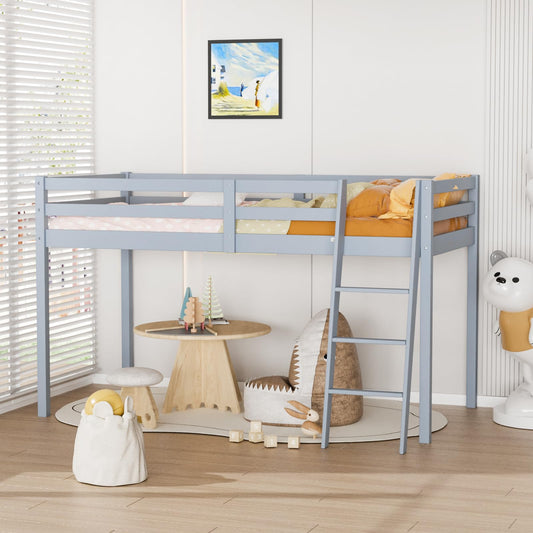 Bonnlo Grey Low Loft Bed Full Size with Inclined Stairs and High Guard Rail for Kids and Teens - WoodArtSupply