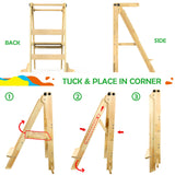 Toddler Tower Foldable - Kids Kitchen Step Stool with 3 Adjustable Heights & Safety Rail, Montessori Tower with Chalkboard for Learning, Standing Tower Helper Stool for Kitchen Counter Sink (Natural) SAUCE ZHAN