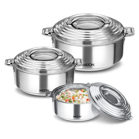Milton Thermosteel Galaxia Insulated Hotpot Casseroles, Set of 3, Stainless Steel (1000ml, 1500ml, 2500ml) MILTON