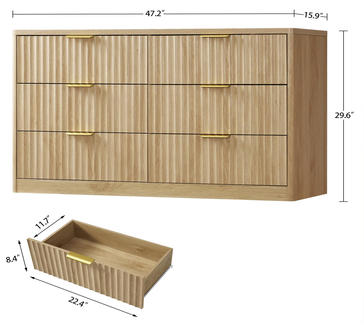TEENFON Fluted 6 Drawer Dresser for Bedroom, Wide Modern Chest of Drawers with Metal Handle, Curved Profile Design, Wood Closet Clothes Storage Organizer for Bedroom, Living Room, Hallway, Natural TEENFON