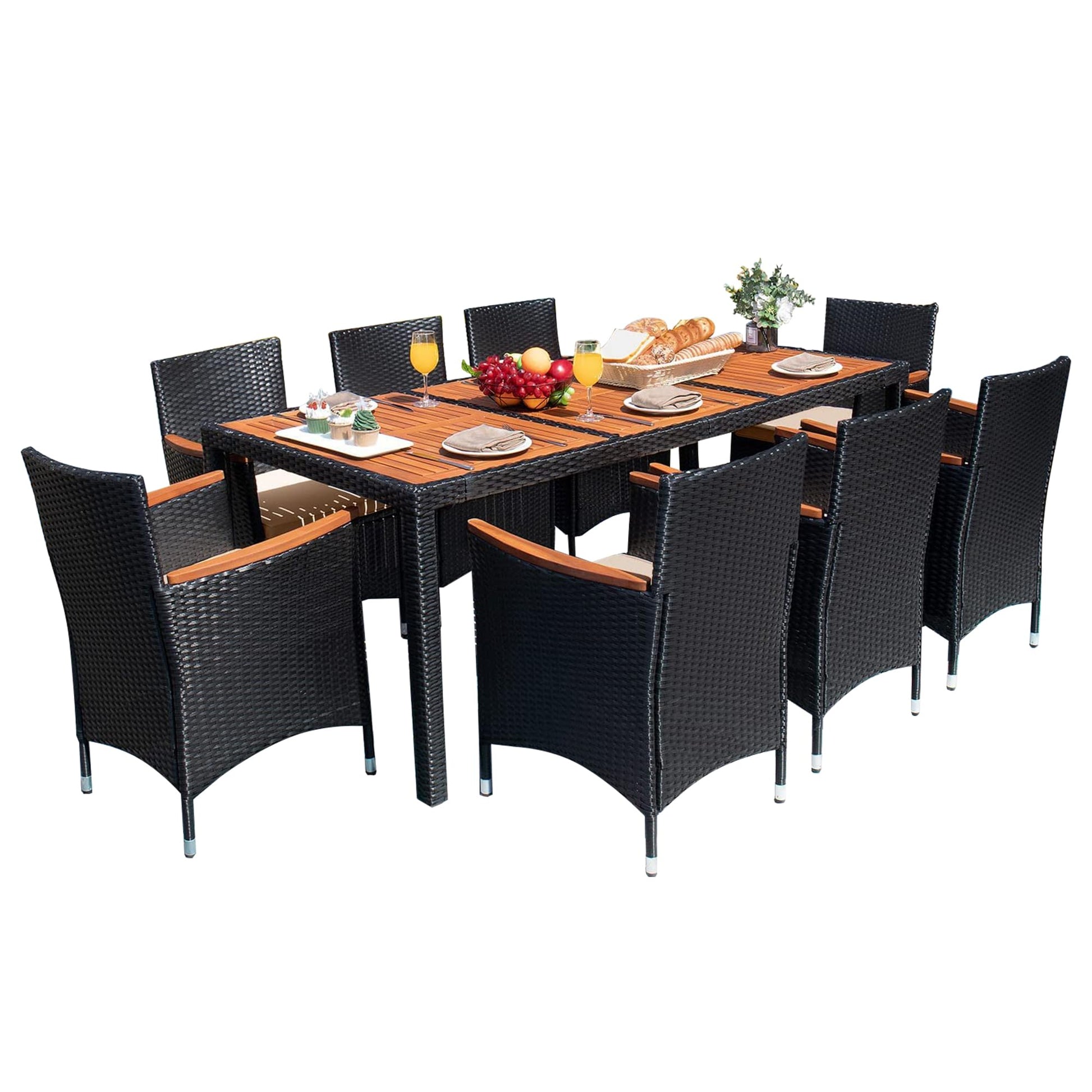 Devoko Outdoor Patio Dining Sets 9 Pieces Wicker Outdoor Dining Table and Chairs Set with Acacia Wood Table Top and Widened Armrests for Backyard, Garden, Deck (Black) - WoodArtSupply