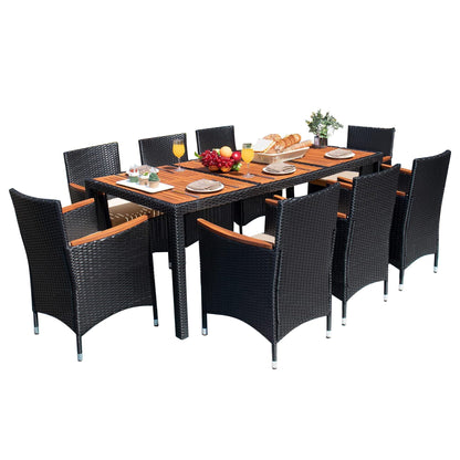 Devoko Outdoor Patio Dining Sets 9 Pieces Wicker Outdoor Dining Table and Chairs Set with Acacia Wood Table Top and Widened Armrests for Backyard, Garden, Deck (Black) - WoodArtSupply