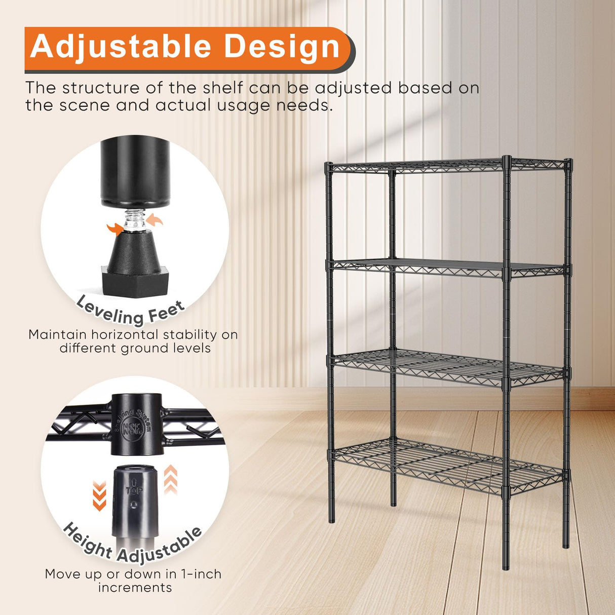 Sweetcrispy 4-Tier Storage Shelving Unit, Adjustable Metal Wire Racks Heavy Duty Standing Shelf Organizer for Kitchen, Closet, Pantry, Garage, Bathroom, Laundry (13.8" D x 35.4" W x 54" H) Sweetcrispy