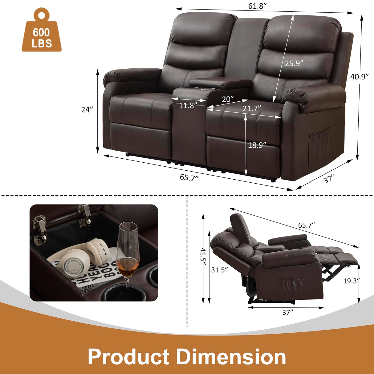 URRED Loveseat Recliner Sofa for Living Room, Oversized Manual Reclining Loveseat Sofa RV Couch with Console, Cup Holders, Lumbar Pillow, Hidden Storage, Faux Leather, Dark Brown URRED