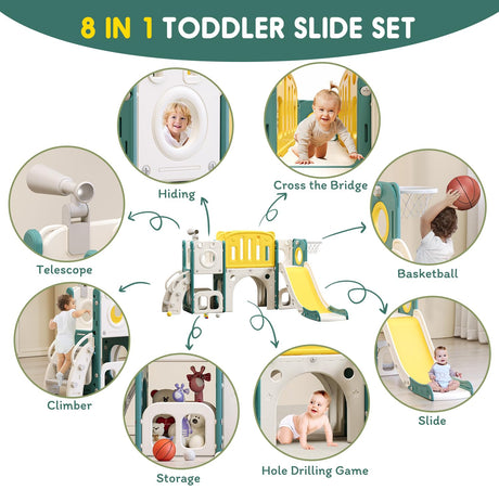 8 in 1 Toddler Slide Set, Kids Slide for Toddlers, Toddler Climber Slide PlaySet with Basketball Hoop,Outdoor Indoor Playground for Toddlers Upgraded MOCUTEEN