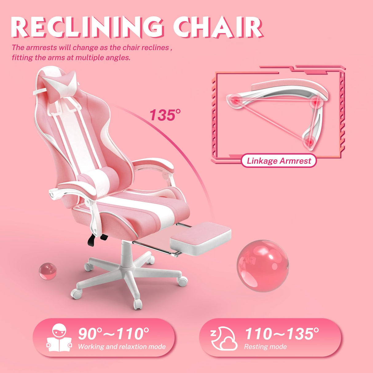 Ferghana Kawaii Pink Gaming Chair with Bunny Ears, Ergonomic Cute Gamer Chair with Footrest and Massage, Racing Reclining Leather Office Computer Game Chair 250lbs for Girls Adults Teens Kids Ferghana