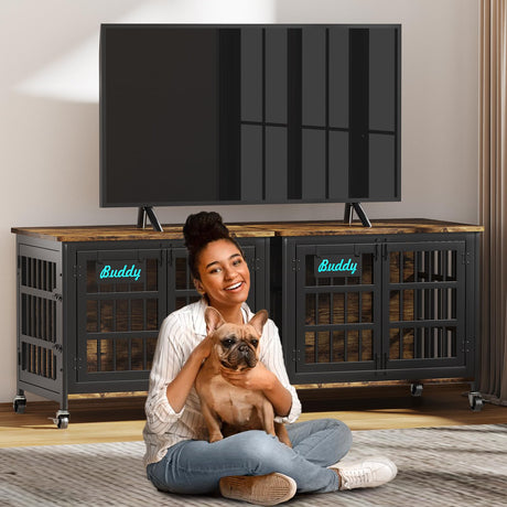 EasyCom 33"/27" Dog Crate Furniture with Name Tag, Heavy Duty Dog Kennel Indoor for Medium and Small Dogs, Double-Doors Sturdy Metal Dog Cage, Decorate House as TV Stand, End Table, Bedside Table EasyCom