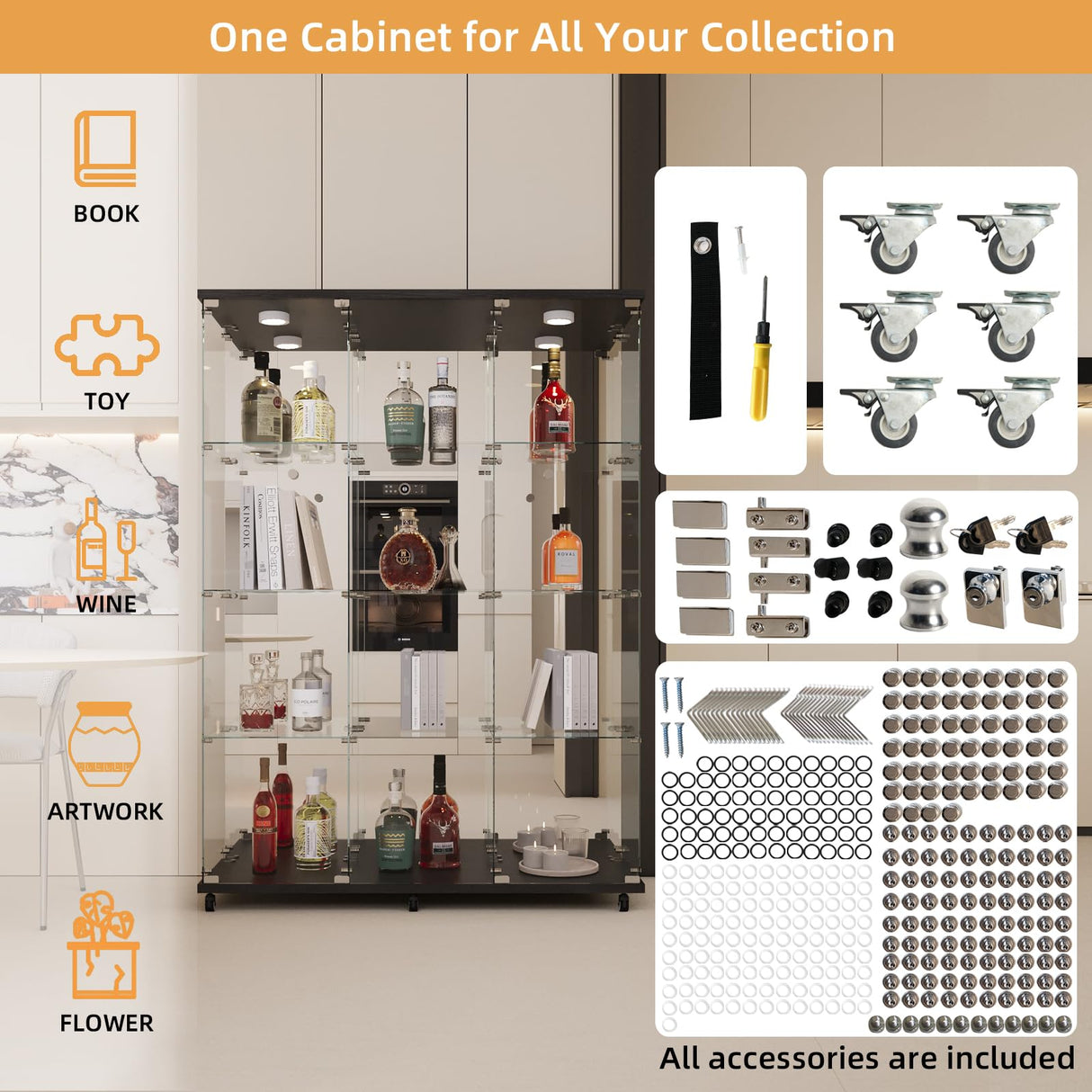 LFT HUIMEI2Y Glass Display Cabinet 12 Shelves with 3 Columns, LED Light, Mirror and Lock, Curio Cabinets Quick-Install Style Tempered Glass Floor Standing Bookshelf for Living Room, Kitchen Black LFT HUIMEI2Y